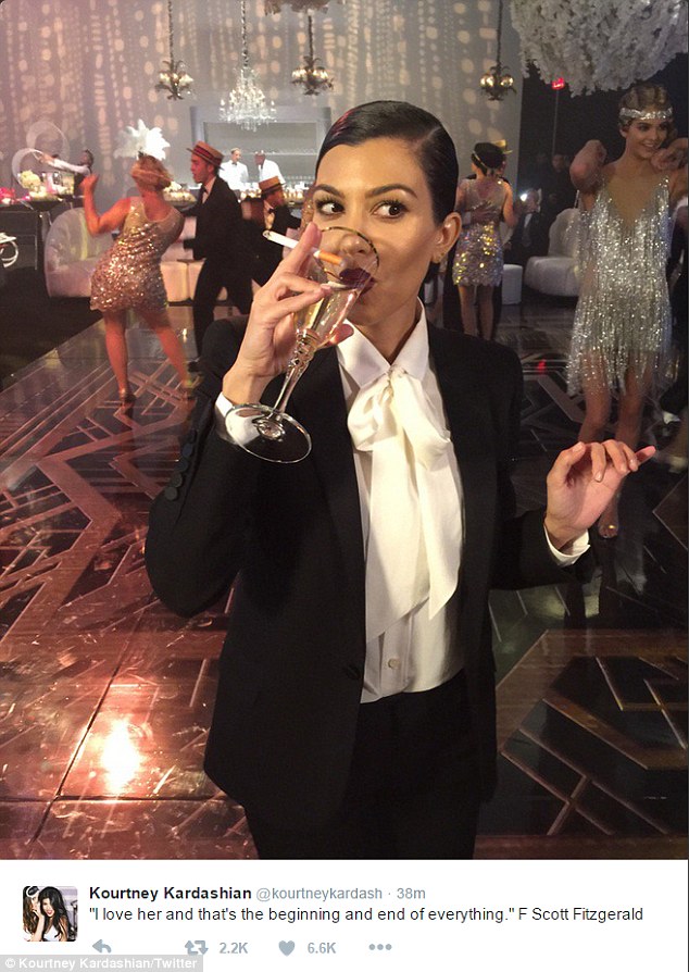 Roaring twenties! Kourtney Kardashian suited up as Jay Gatsby for her momager Kris Jenner's 60th birthday bash at The Lot in West Hollywood Friday evening
