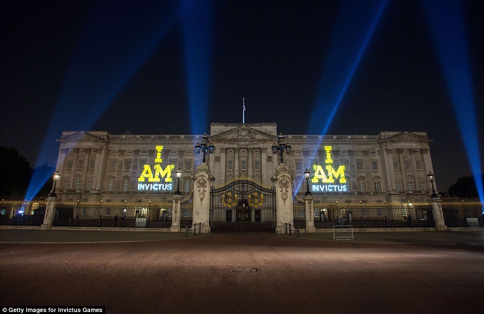 A spectacle of projections lights up Buckingham Palace last night in a tribute to all the competitiors taking part  in the inaugral Invictus Games, the international sports event for 'wounded warriors'
