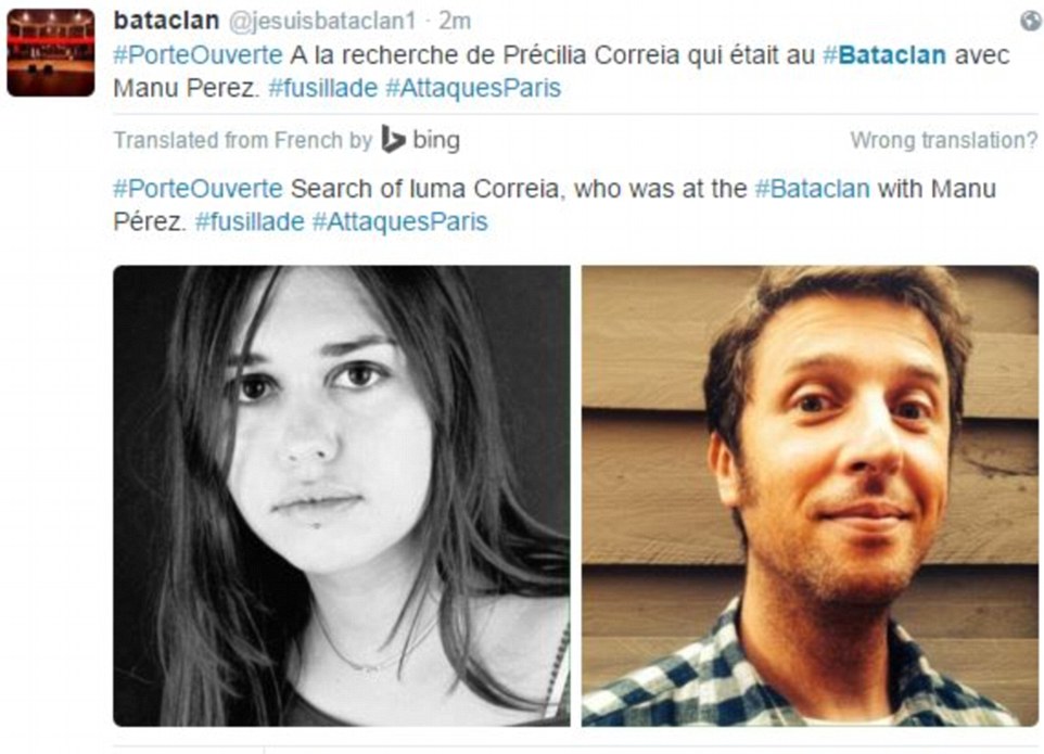 Distraught family have launched a desperate search for loved ones feared dead in the ISIS Paris massacre including Precilla Correia and Manu Perez (above) who were watching a heavy metal gig at the Bataclan concert hall when gunman slaughtered up to 80 fans