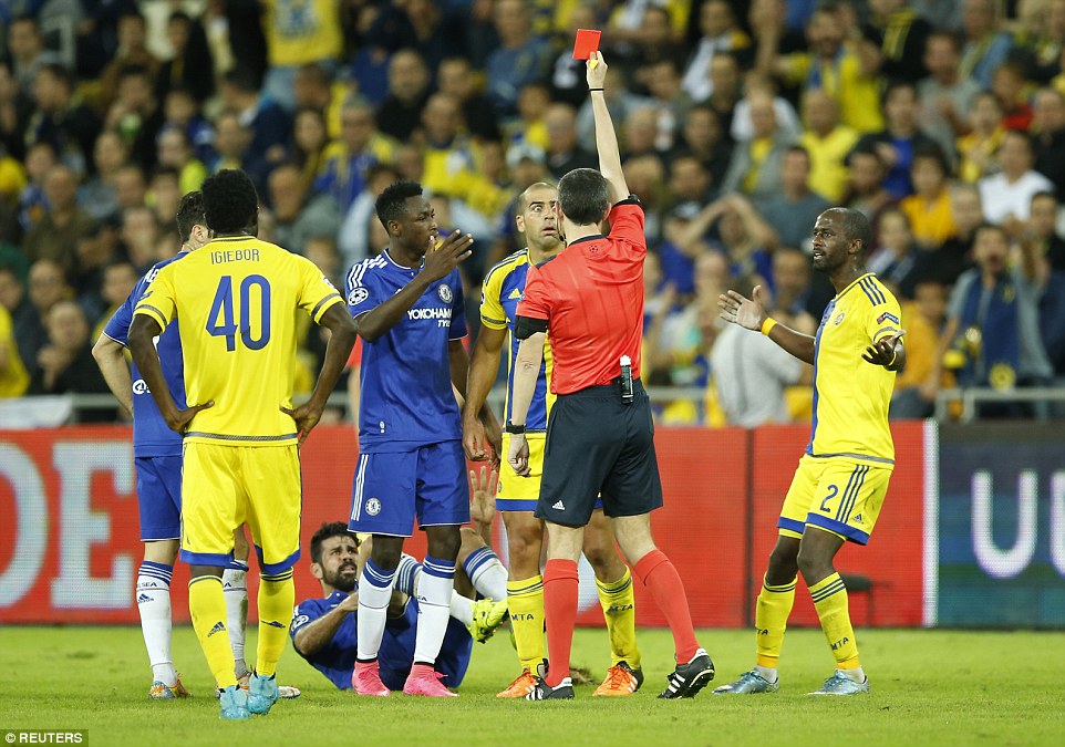 Former Chelsea defender Tal Ben Haim sees red after a late tackle by the former Premier League centre back on Diego Costa