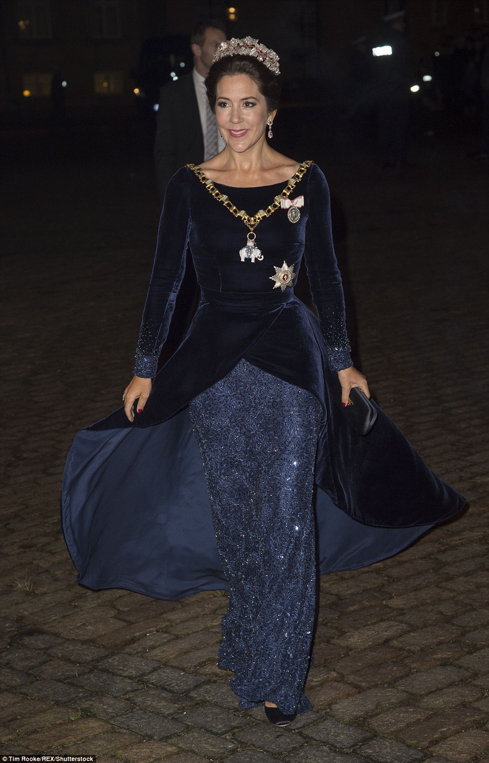 Kicking things off: The Princess arrived at the New Year's Reception on January 1st in a long blue gown embellished with sequins 